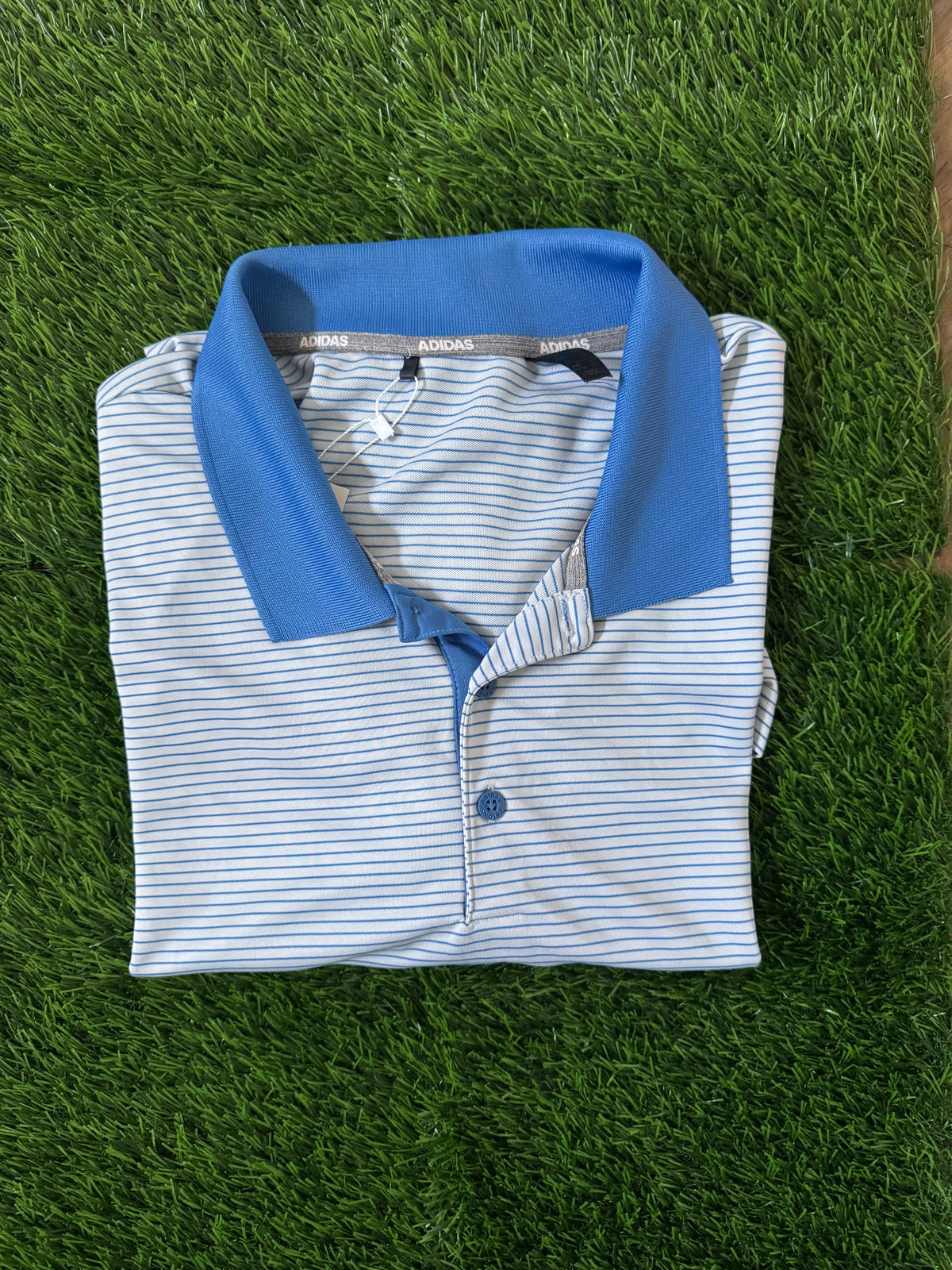 Adidas White/Blue Stripe Polo Golf Shirt - XX-Large